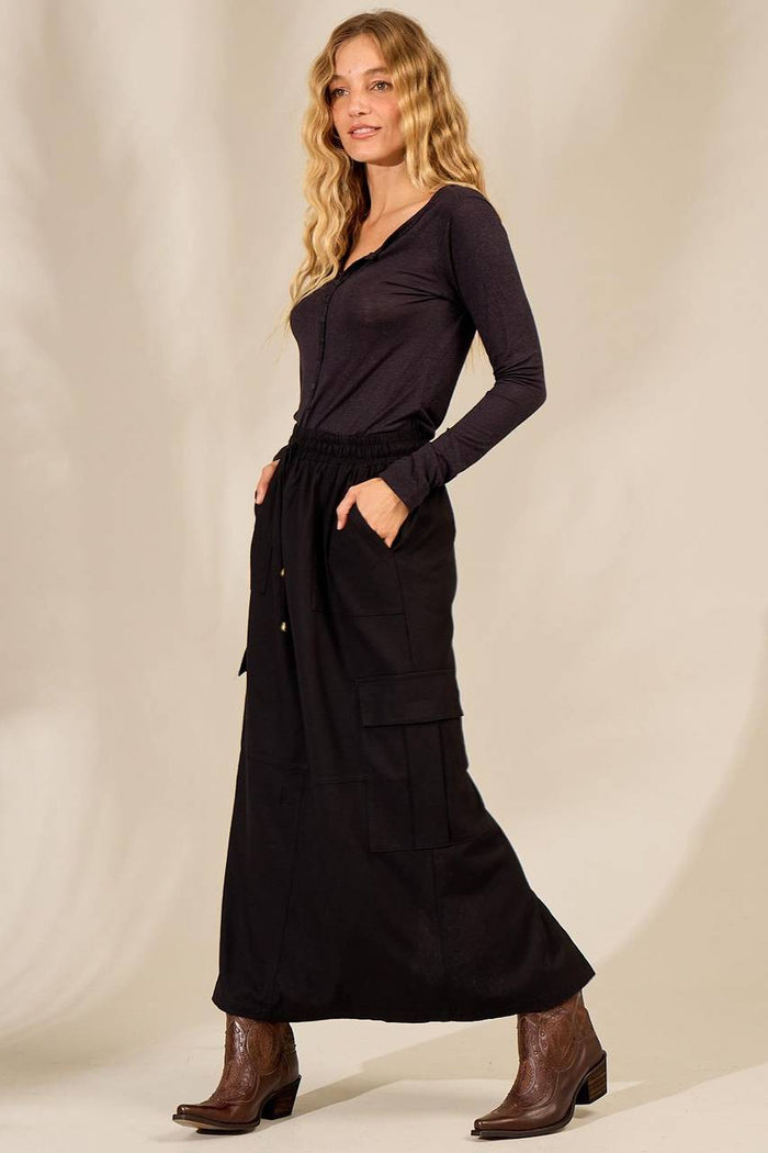 Saia Midi De Linho Com Fendas Preta Yacamim G1