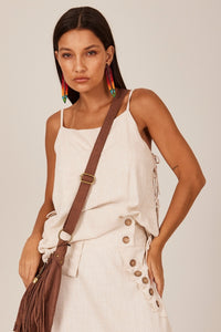 Bata Ampla De Linho Com Alças Bege Yacamim A18 Liso