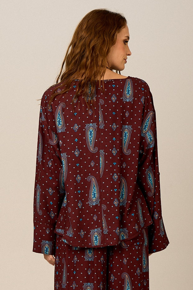 Bata Ampla Marrom Estampa Paisley Yacamim A20