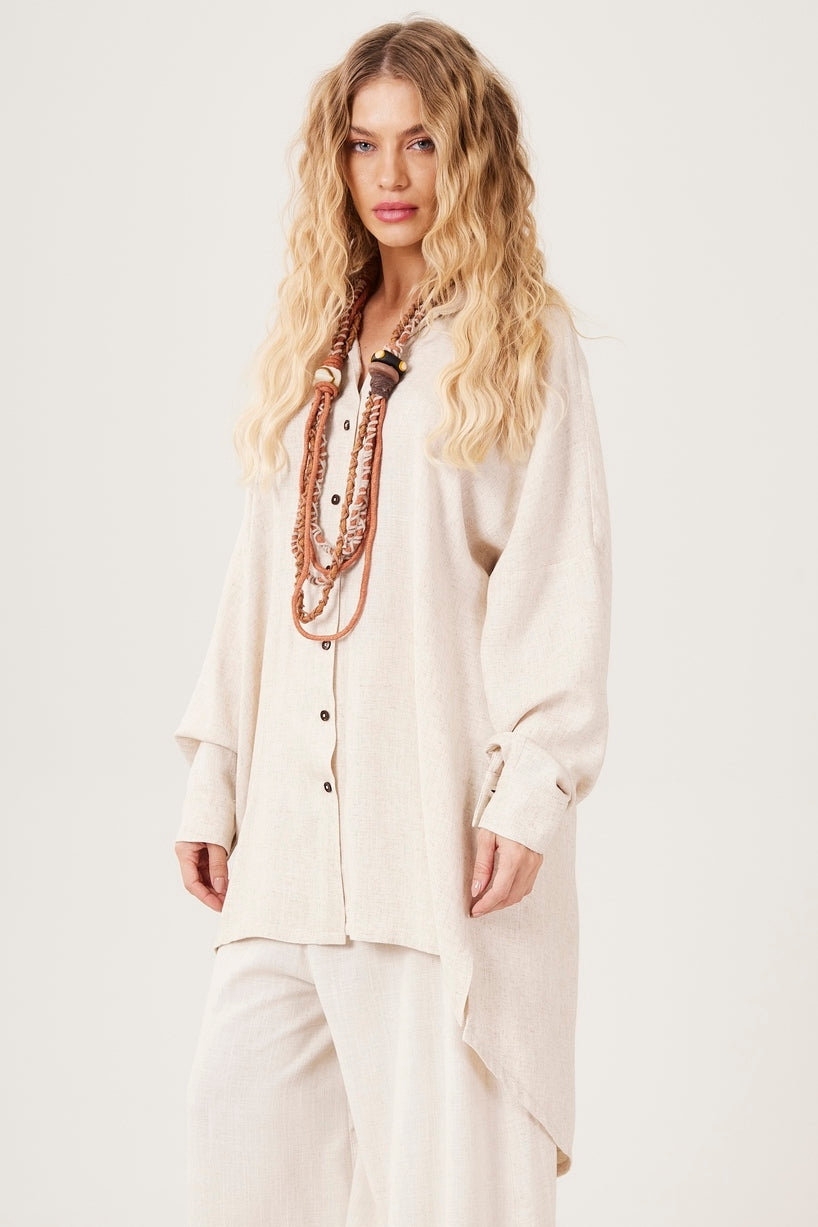 Camisa Ampla Alongada Viscolinho Bege Nature Yacamim A32 Liso