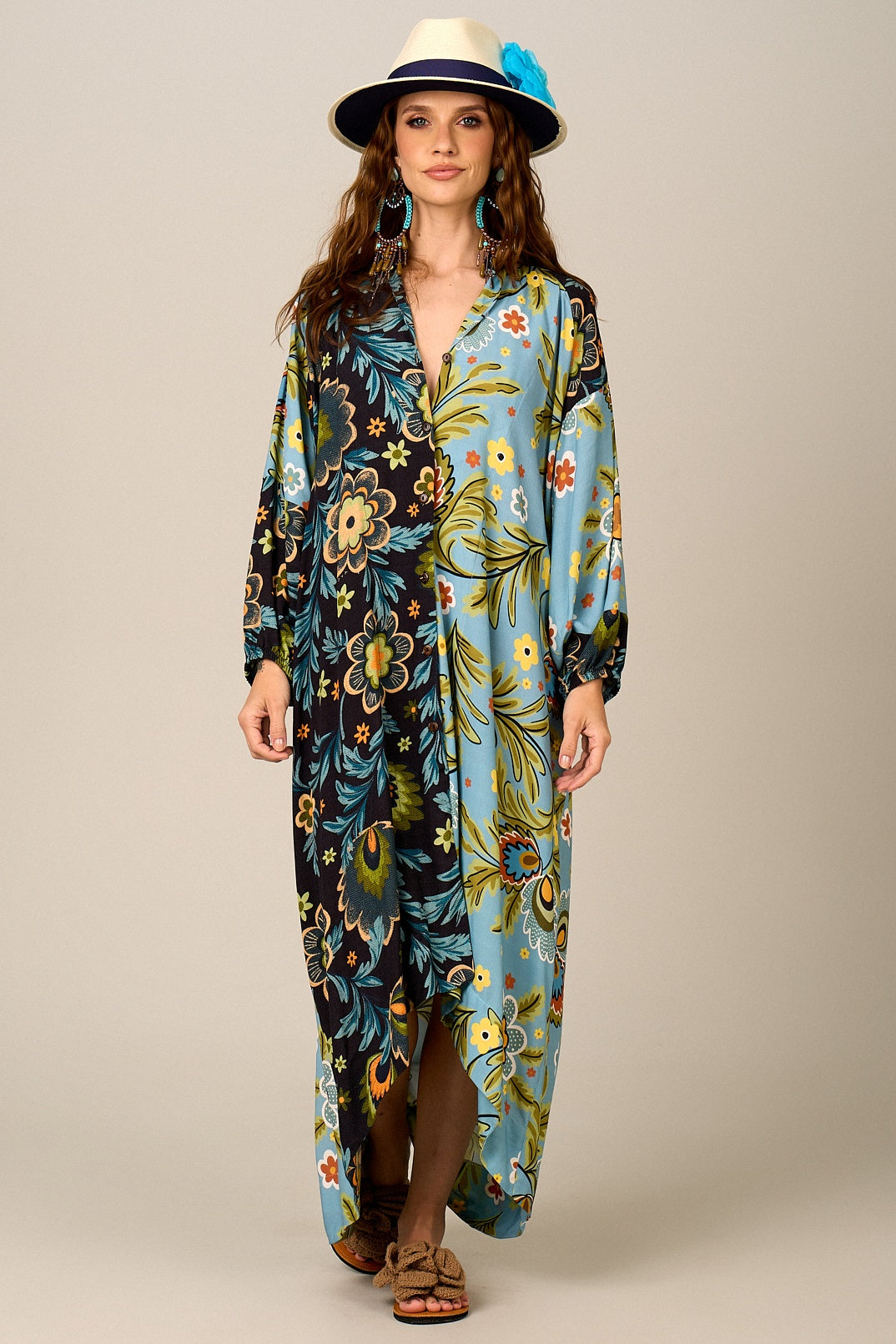 Chemise Longo Mullet Azul Estampado Patchwork Yacamim M1