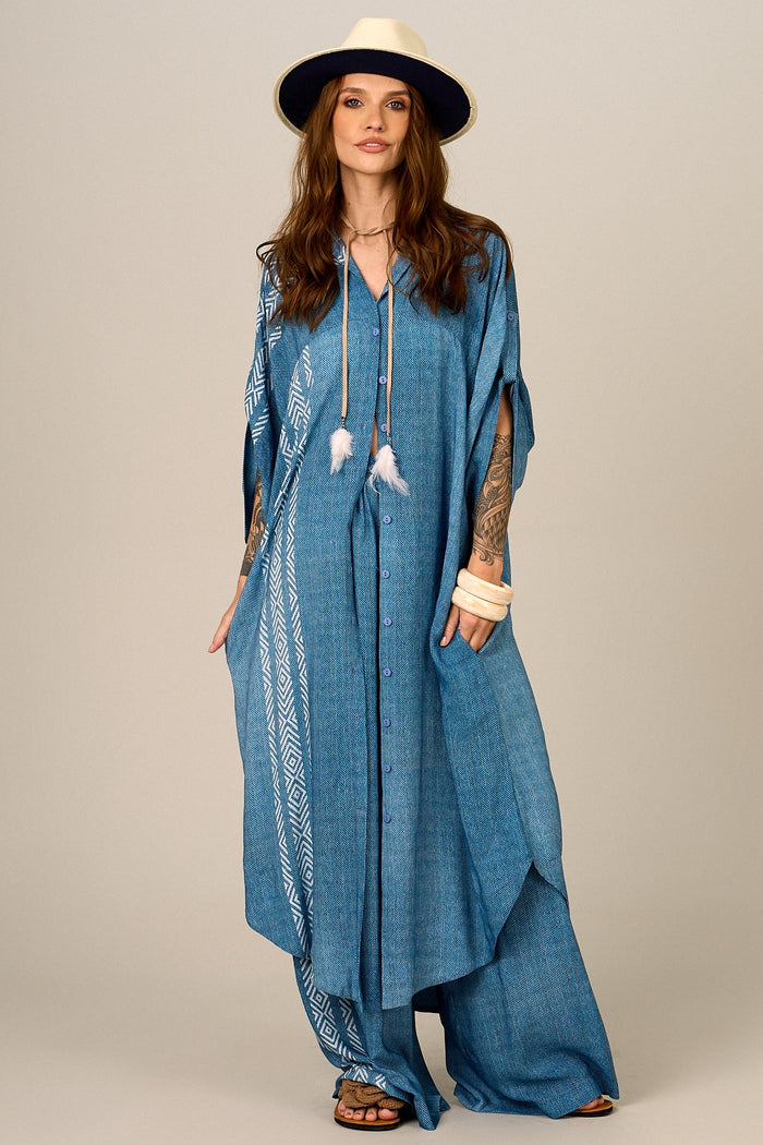 Chemise Midi Amplo Azul Estampado Yacamim A40