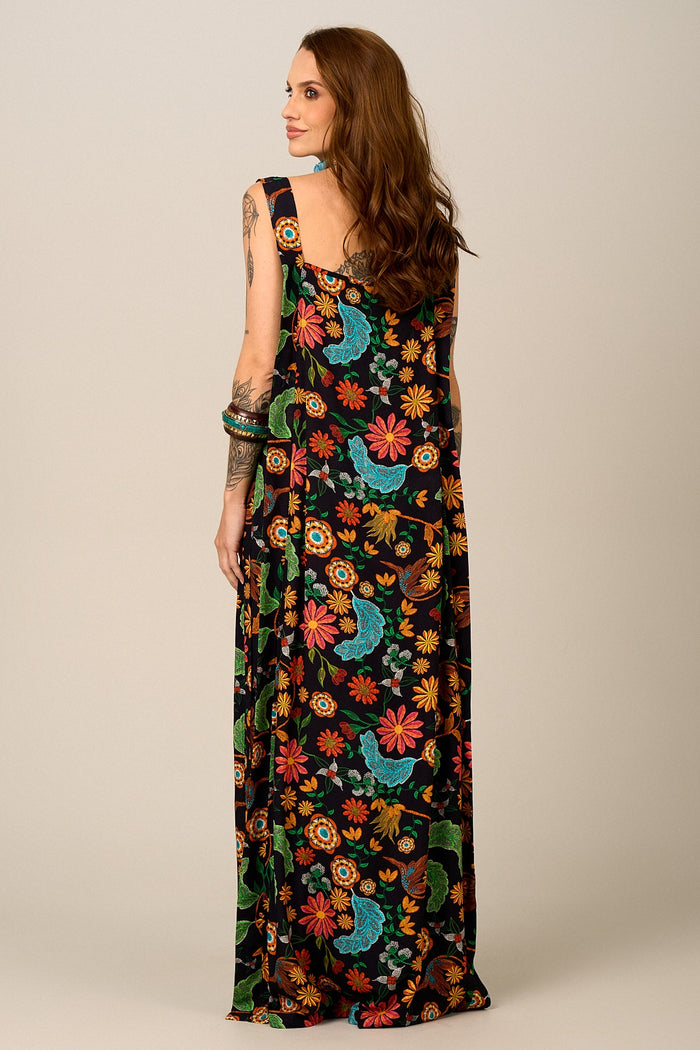 Vestido Longo De Alças Largas Preto Estampado Yacamim E22