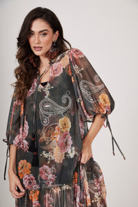 Vestido Longo De Tule Verde Escuro Estampa Cashmere Yacamim E14