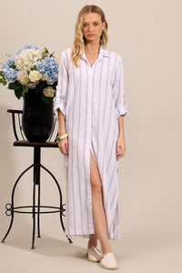 Chemise Longa De Linho Com Mangas Longas Branca Listrado Yacamim N3