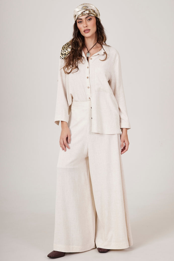 Calça Pantalona Sem Bolsos Bege Yacamim A1 Liso