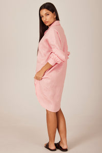 Chemise Clássica De Linho Alongada Rosa Claro Yacamim P5 Liso