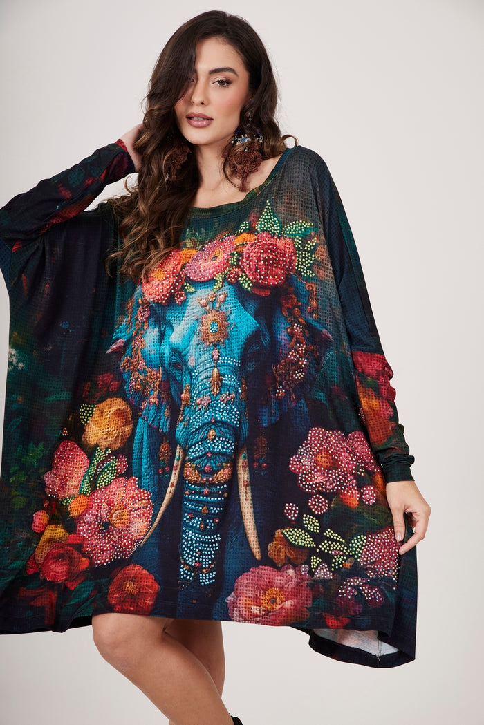 Bata Ampla Com Pedrinhas Estampa Elefante Azul Yacamim B30