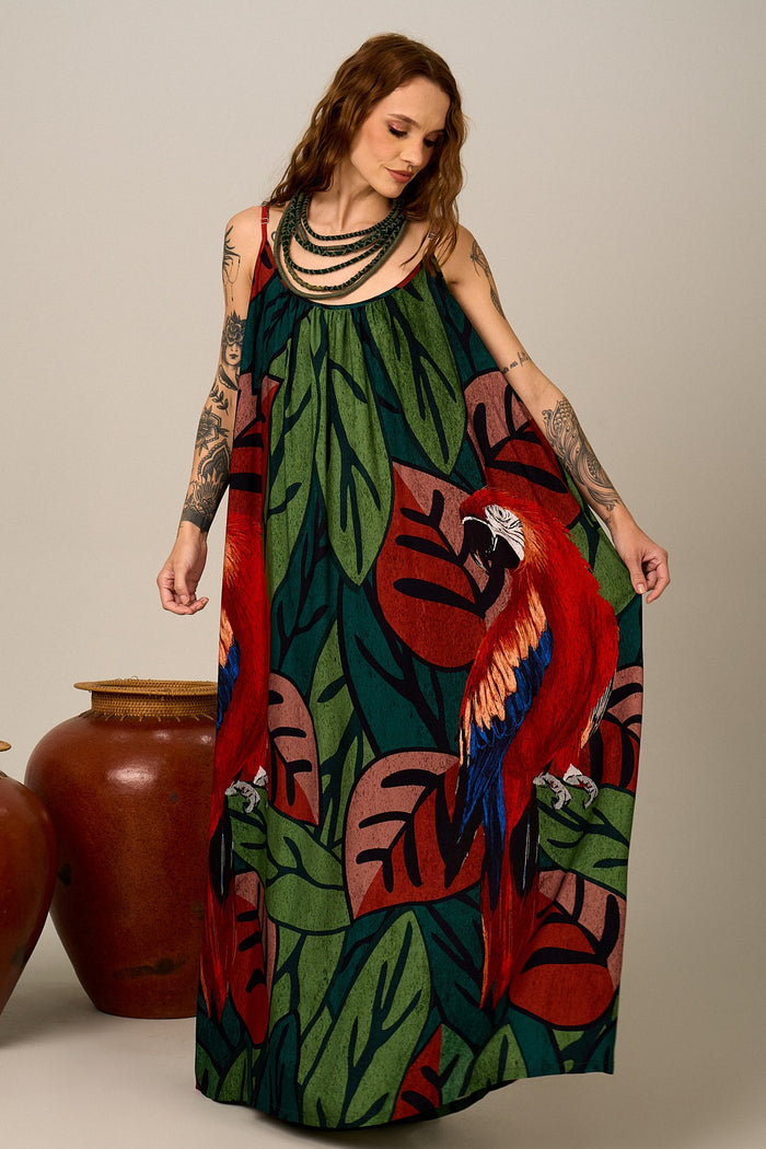 Vestido Longo Verde Estampa De Araras Yacamim C2