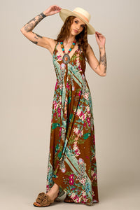 Vestido Longo Frente Única Marrom Estampa Paisley Yacamim E9