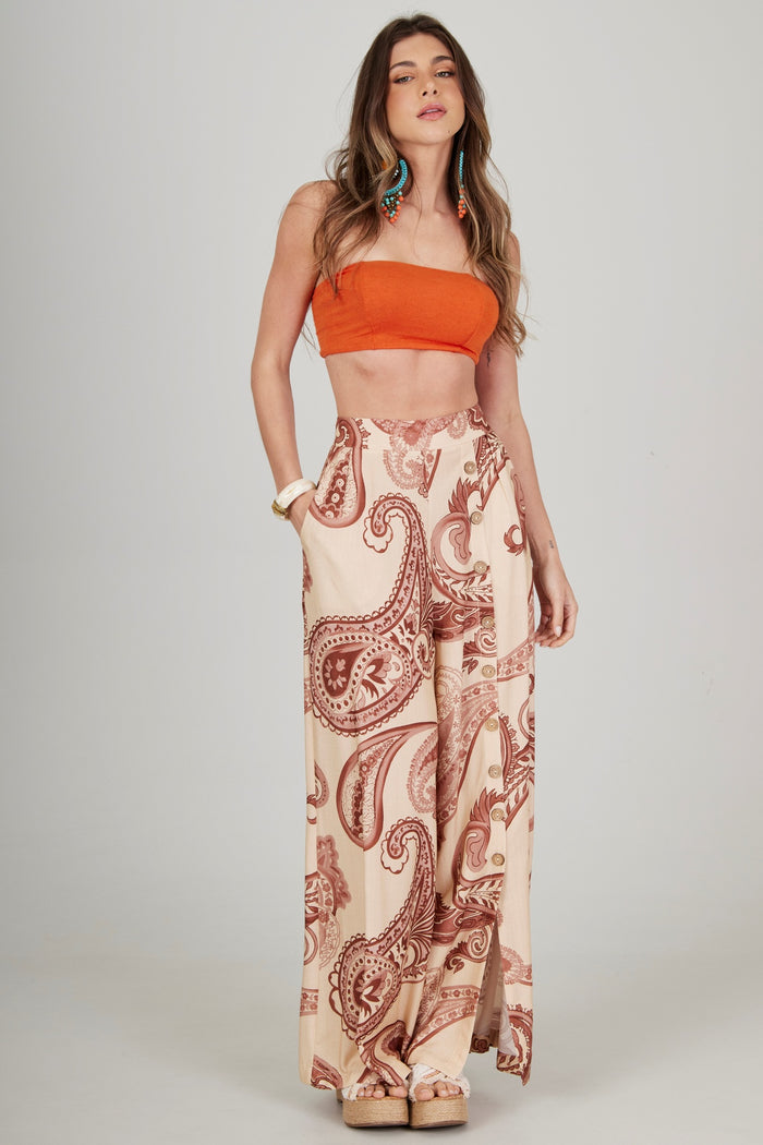 Calça Pantalona Bege Estampa Cashmere Yacamim A36