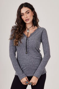 Blusa Básica Com Botões Cinza Mescla Yacamim B14 Liso