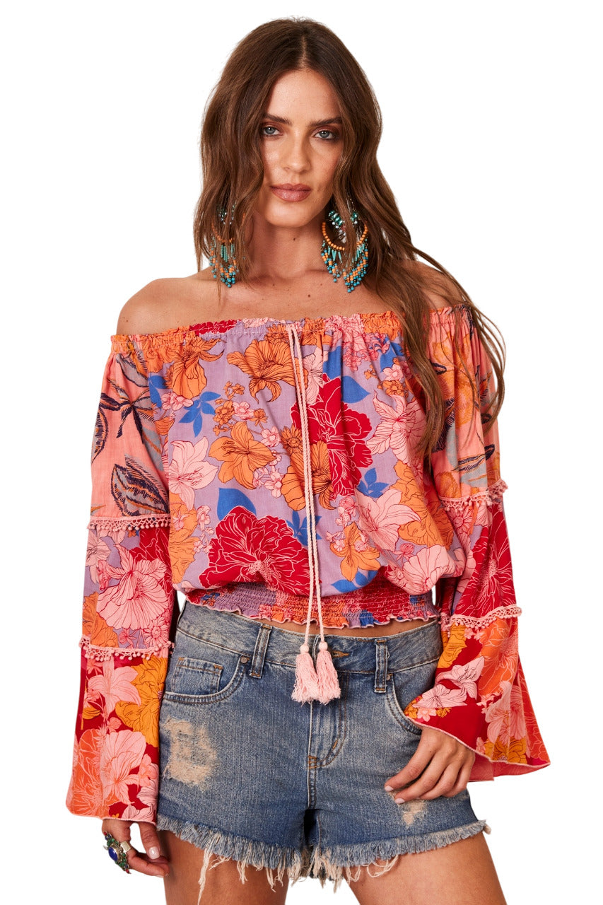 Bata Ciganinha Com Mangas Flare Rosa Patchwork Yacamim B8