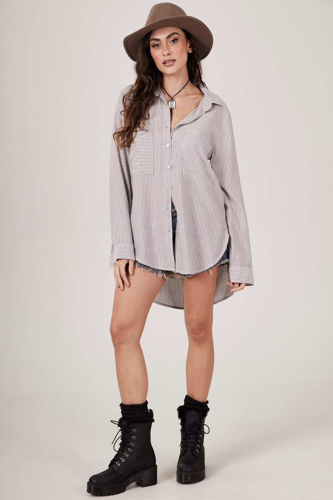 Chemise Amplo Marrom Listrado Yacamim L5