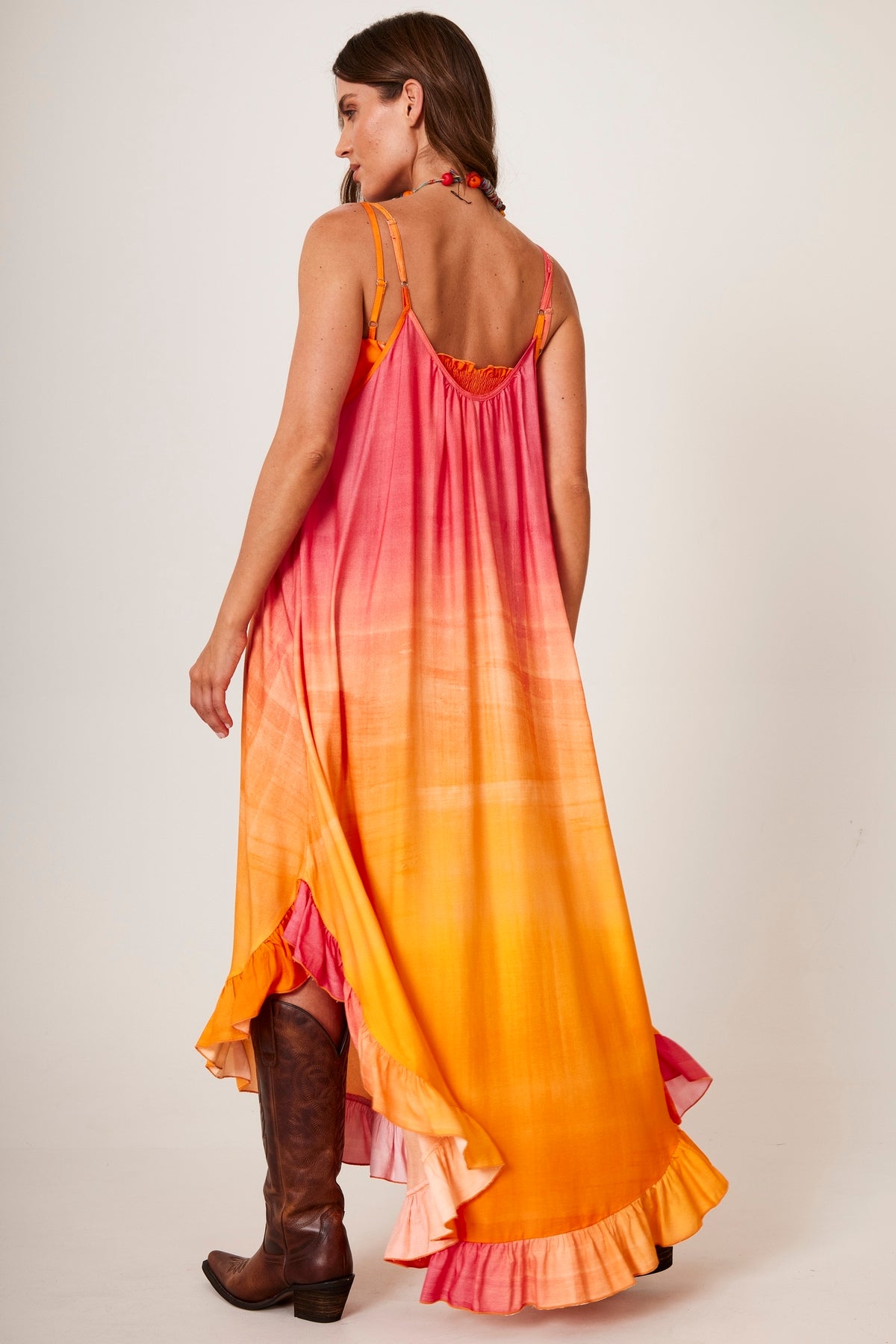 Vestido Midi De Alcinhas Rosa E Laranja Degradê Yacamim D16