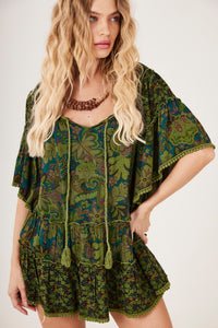 Bata Ampla Decote Ombro A Ombro Verde Patchwork Yacamim B1