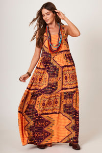 Vestido Longo De Alças Largas Laranja Estampa Geométrica Yacamim E1