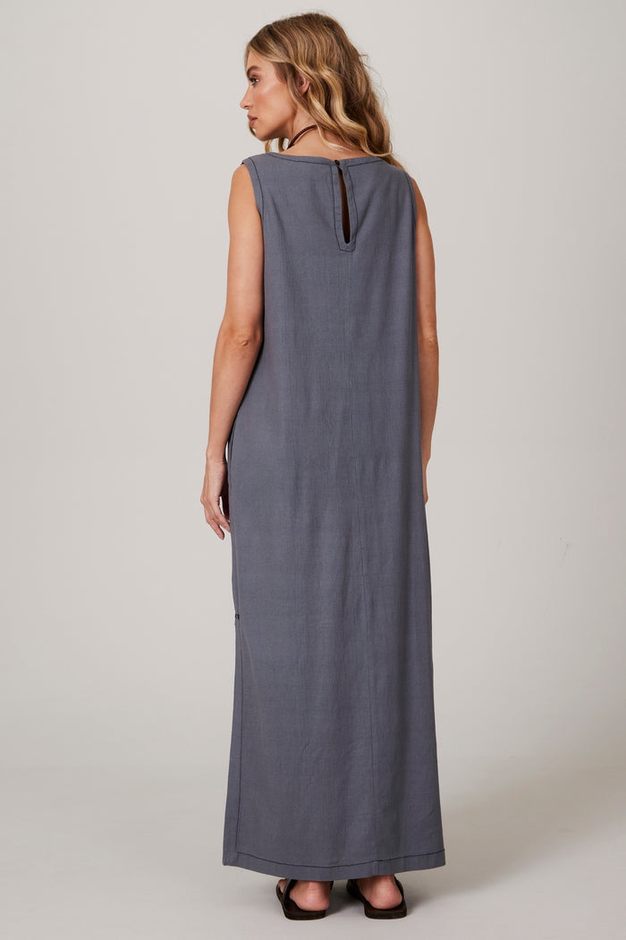 Vestido Regata Linho Midi Cinza Escuro Yacamim D20 Liso