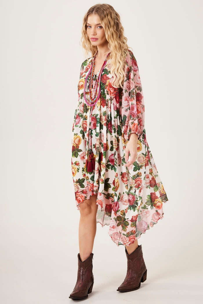 Vestido Curto De Tule Manga 3/8 Rosa Patchwork Yacamim E5