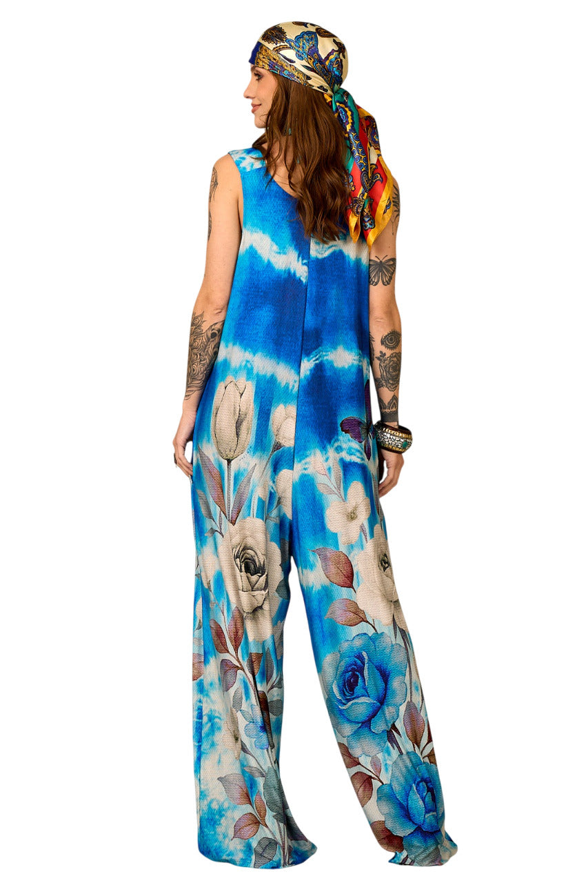 Macacão Pantalona Azul Estampa De Rosas Yacamim O9