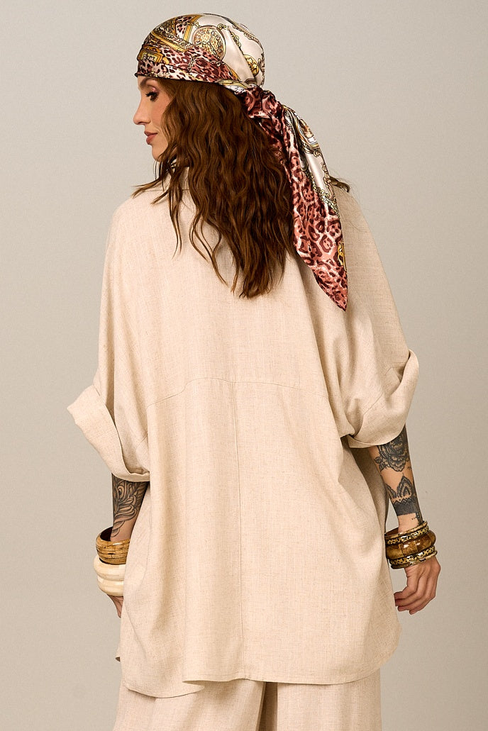 Camisa De Linho Com Mangas 3/4 Bege Nature Yacamim a28