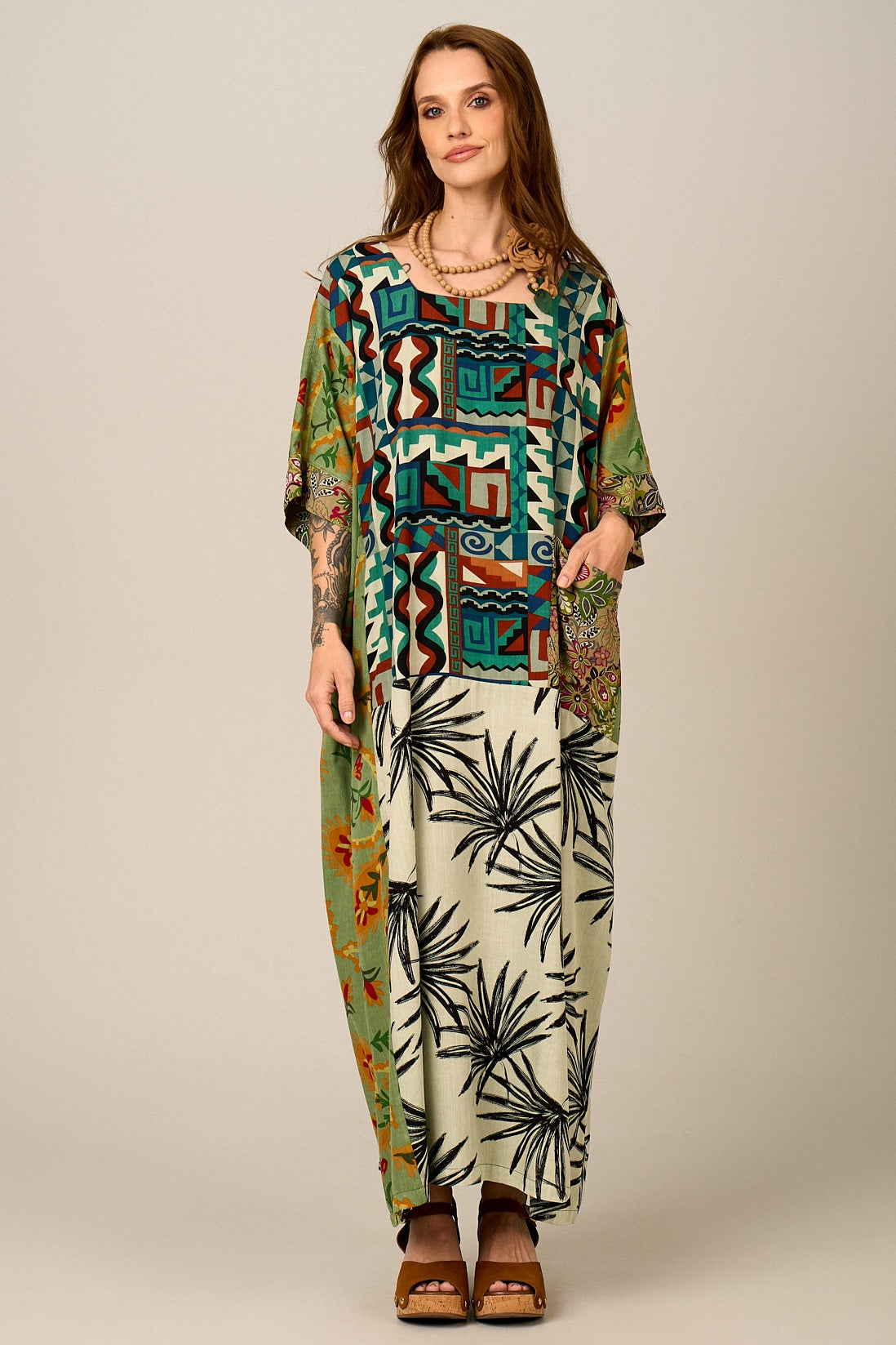 Kaftan Longo Verde Estampado Patchwork Yacamim J3