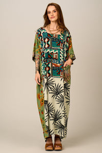 Kaftan Longo Verde Estampado Patchwork Yacamim J3