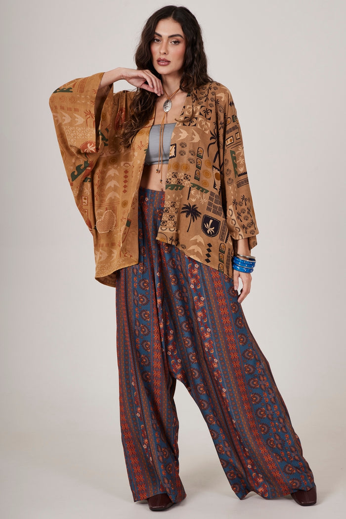 Calça Saruel Pantalona Azul Petróleo Estampado Yacamim G10