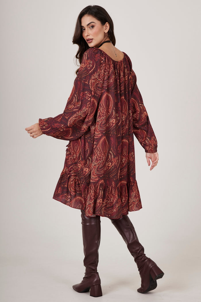 Vestido Curto Bordô Estampa Cashmere Yacamim D18