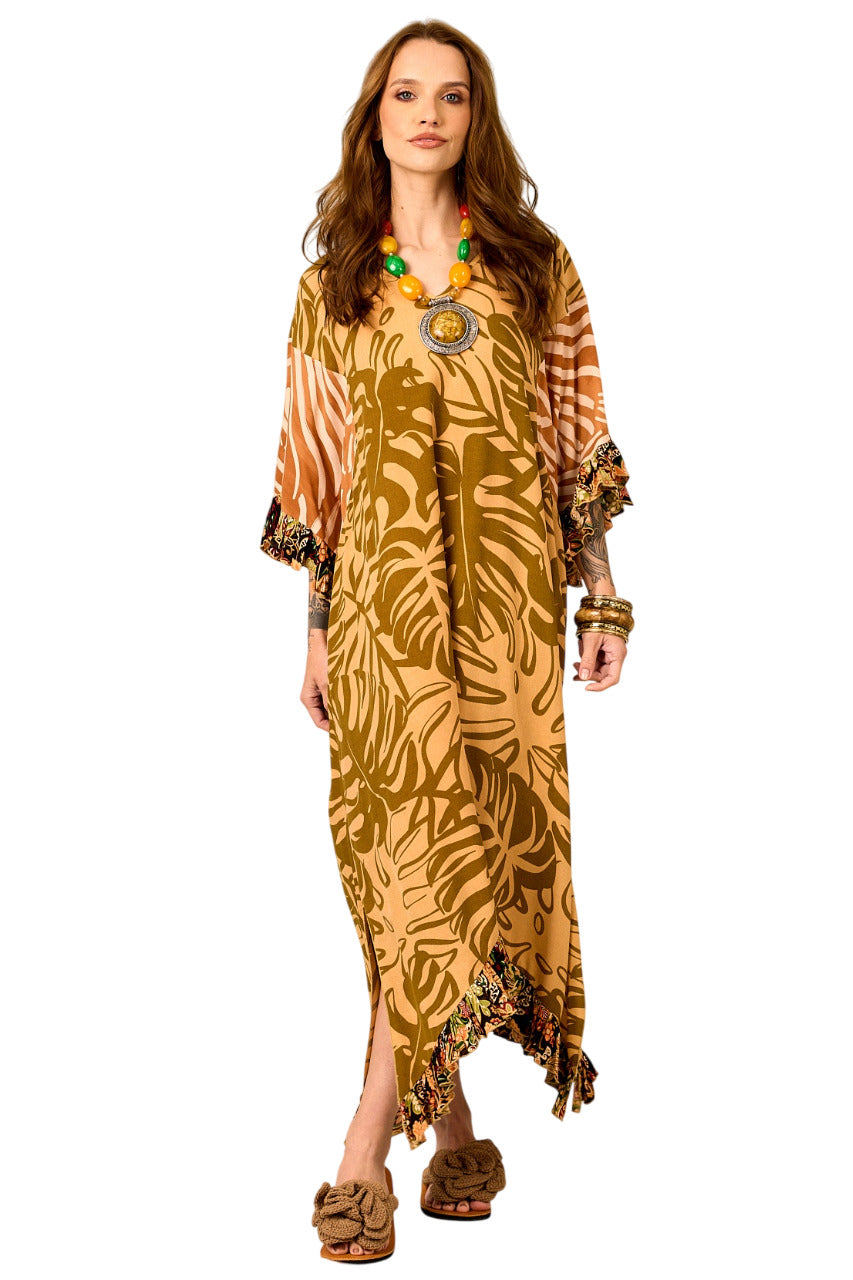 Kaftan Midi Amplo Mostarda Patchwork Yacamim J6