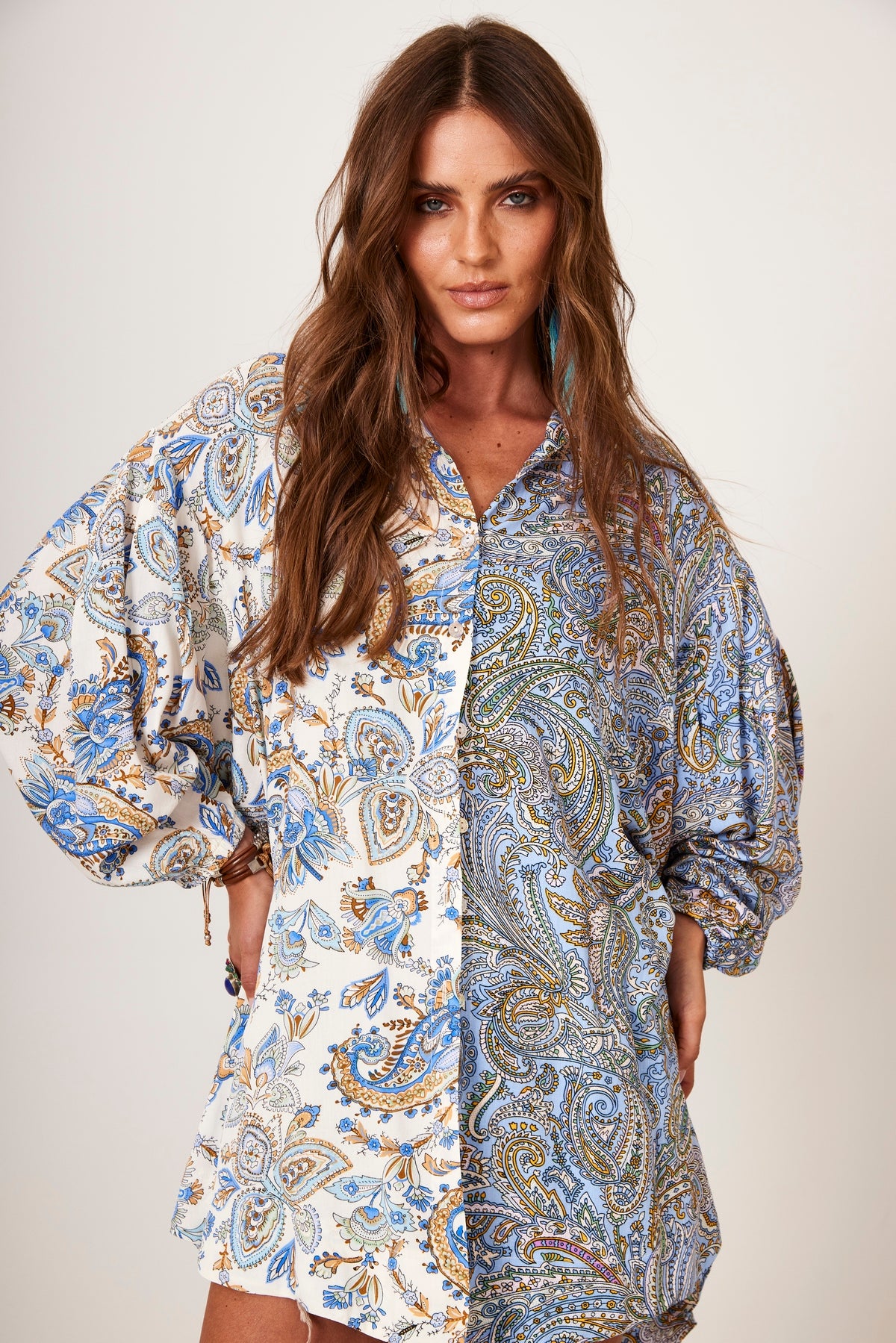 Chemise Alongado Azul Patchwork Cashmere Yacamim N10