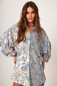 Chemise Alongado Azul Patchwork Cashmere Yacamim N10