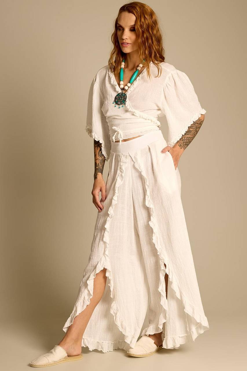 Calça De Cintura Alta Com Babadinhos Branco Yacamim A31