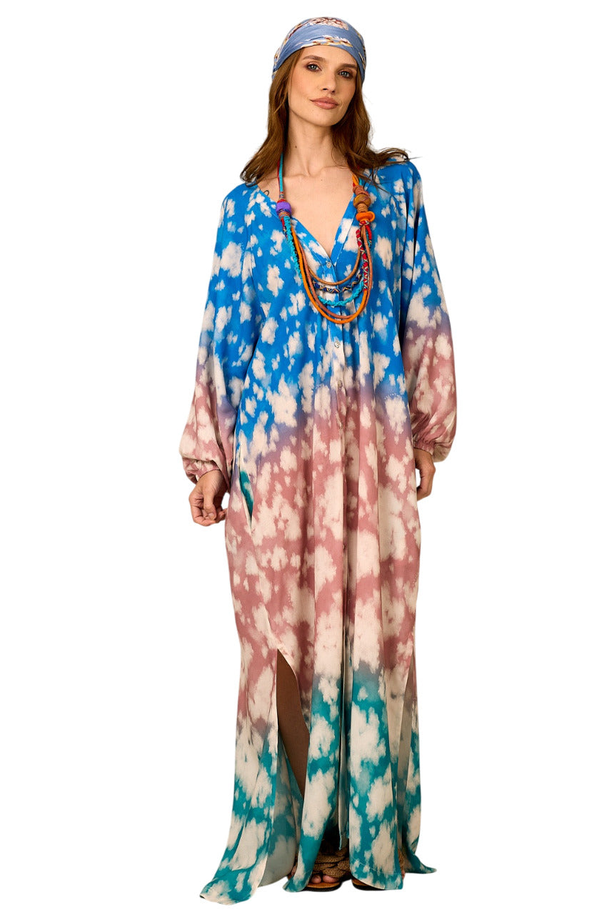 Chemise Longa Ampla Azul Rosê E Verde Degradê Yacamim N5