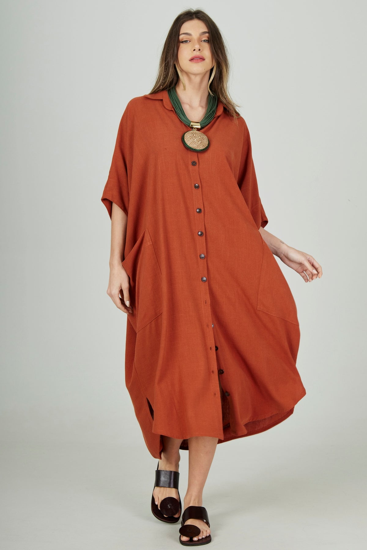 Chemise Midi De Viscolinho Terracota Yacamim L6