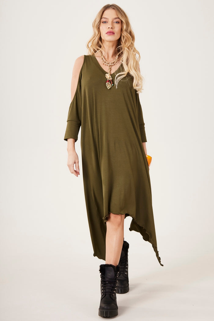 Vestido Curto Com Pontas Laterais Verde Musgo Yacamim E6 Liso