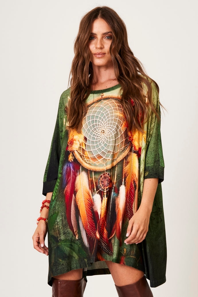 Bata Ampla Alongada Verde Estampa Filtro De Sonhos Com Pedrinhas Yacamim B10