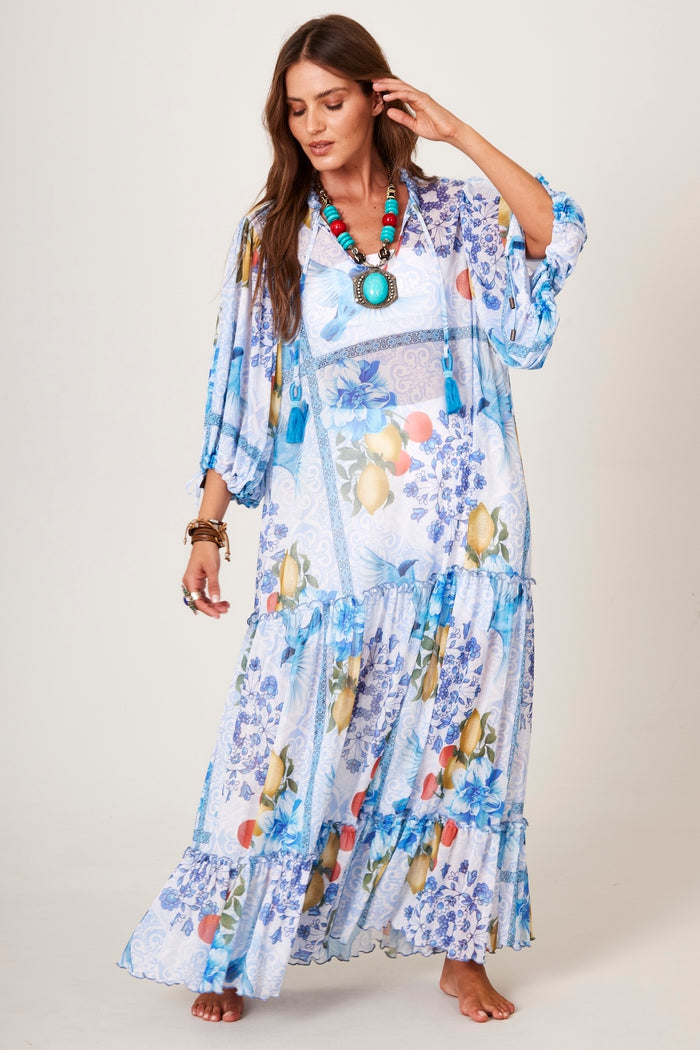 Vestido Longo De Tule Azul  Estampado Yacamim D12