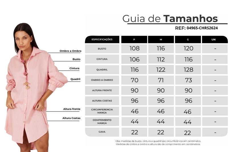 Chemise Clássica De Linho Alongada Rosa Claro Yacamim P5 Liso