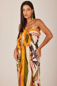 Canga Quadrada Bege Estampada Com Franjinhas Yacamim K2