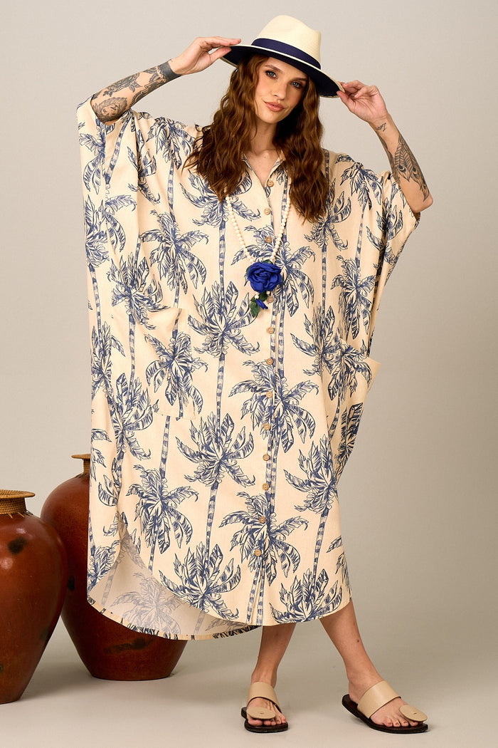 Chemise Longo Bege Estampa De Coqueiros Yacamim N8