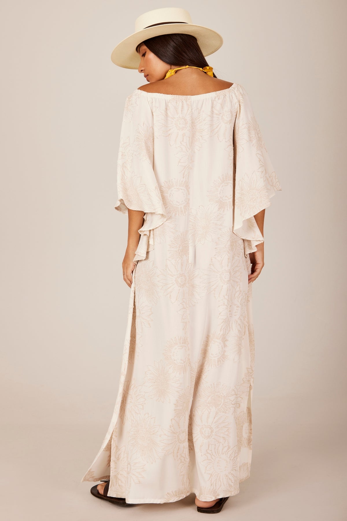 Vestido Longo De Linho Ciganinha Bege Estampado Yacamim E14