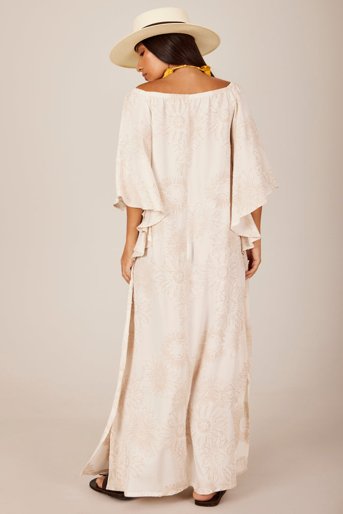 Vestido Longo De Linho Ciganinha Bege Estampado Yacamim E14