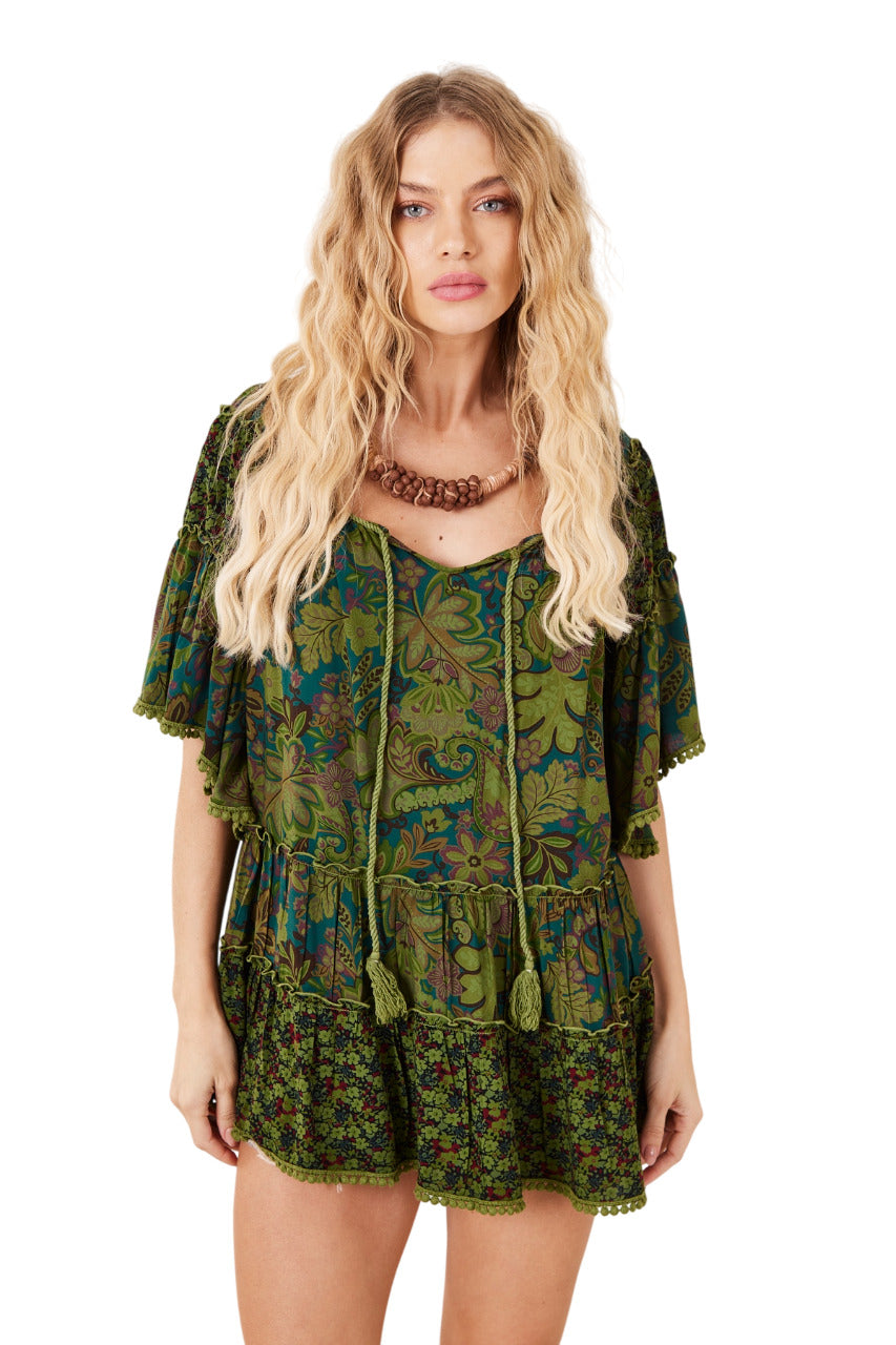 Bata Ampla Decote Ombro A Ombro Verde Patchwork Yacamim B1