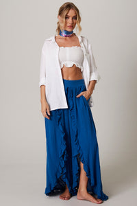 Calça Com Abertura E Babadinhos Azul Yacamim I6 Liso