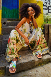 Macacão Longo Pantalona Bege Estampado Coleção Bahêa Yacamim R1