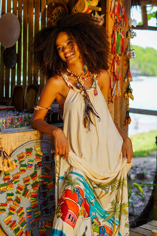 Vestido Longo Nadador Bege Estampado Coleção Bahêa Yacamim R3