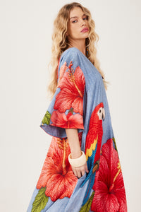 Vestido Longo Decote Ombro A Ombro Azul Estampa Arara Yacamim D24