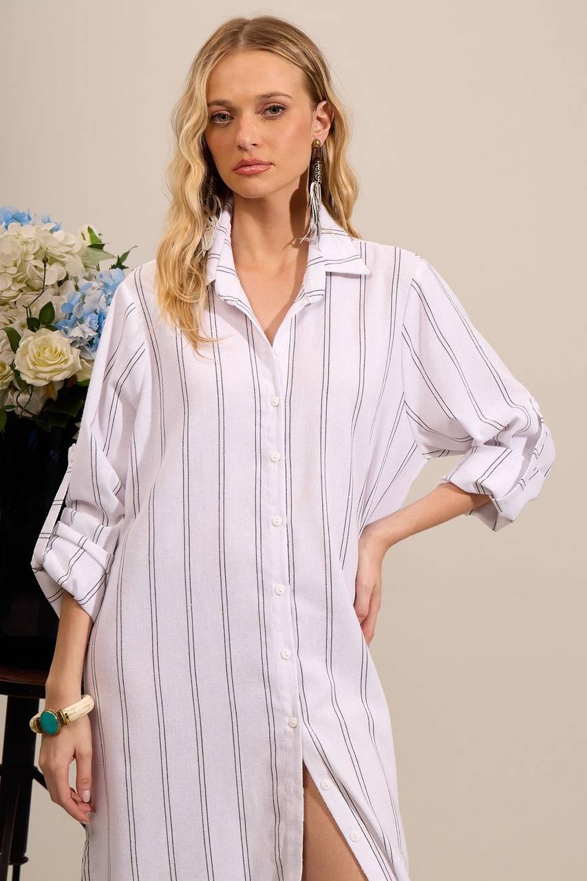 Chemise Longa De Linho Com Mangas Longas Branca Listrado Yacamim N3