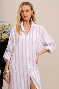 Chemise Longa De Linho Com Mangas Longas Branca Listrado Yacamim N3